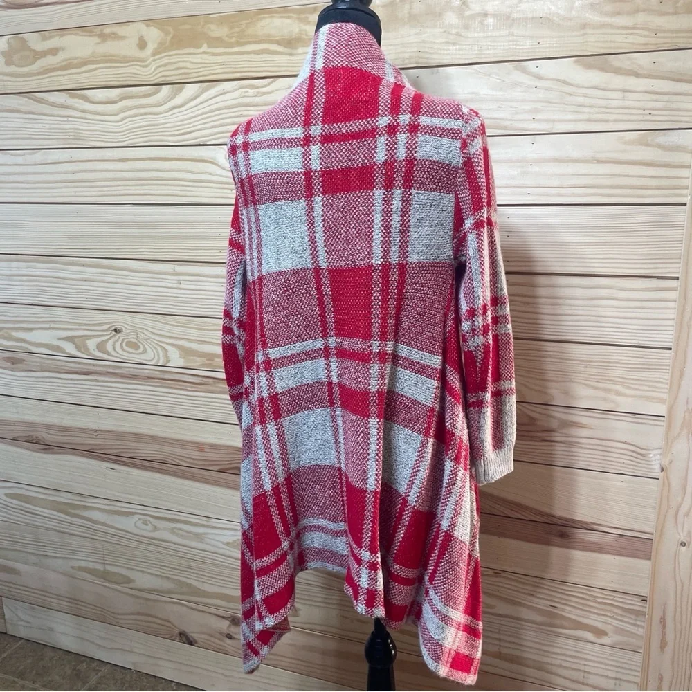 Open front cardigan gray and red winter cover up asymmetrical womens large - Picture 3 of 7